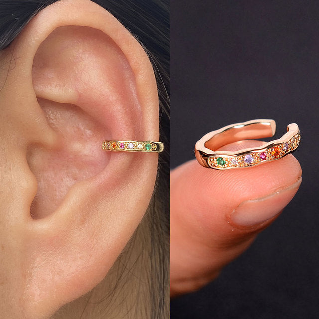 1Pc Hollow Geometry Rainbow CZ Cuff Wrap Clip On Earrings Women Climber Ear Cartilage Bone Clips